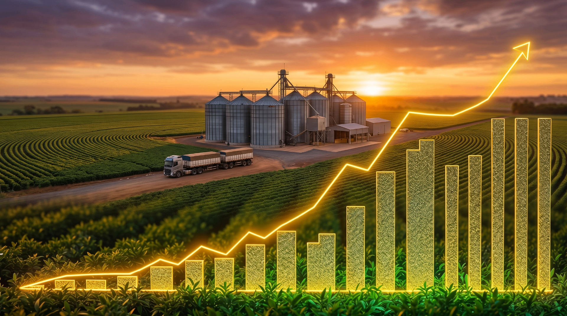 Crescimento do agronegócio brasileiro — lavoura, silos e logística
