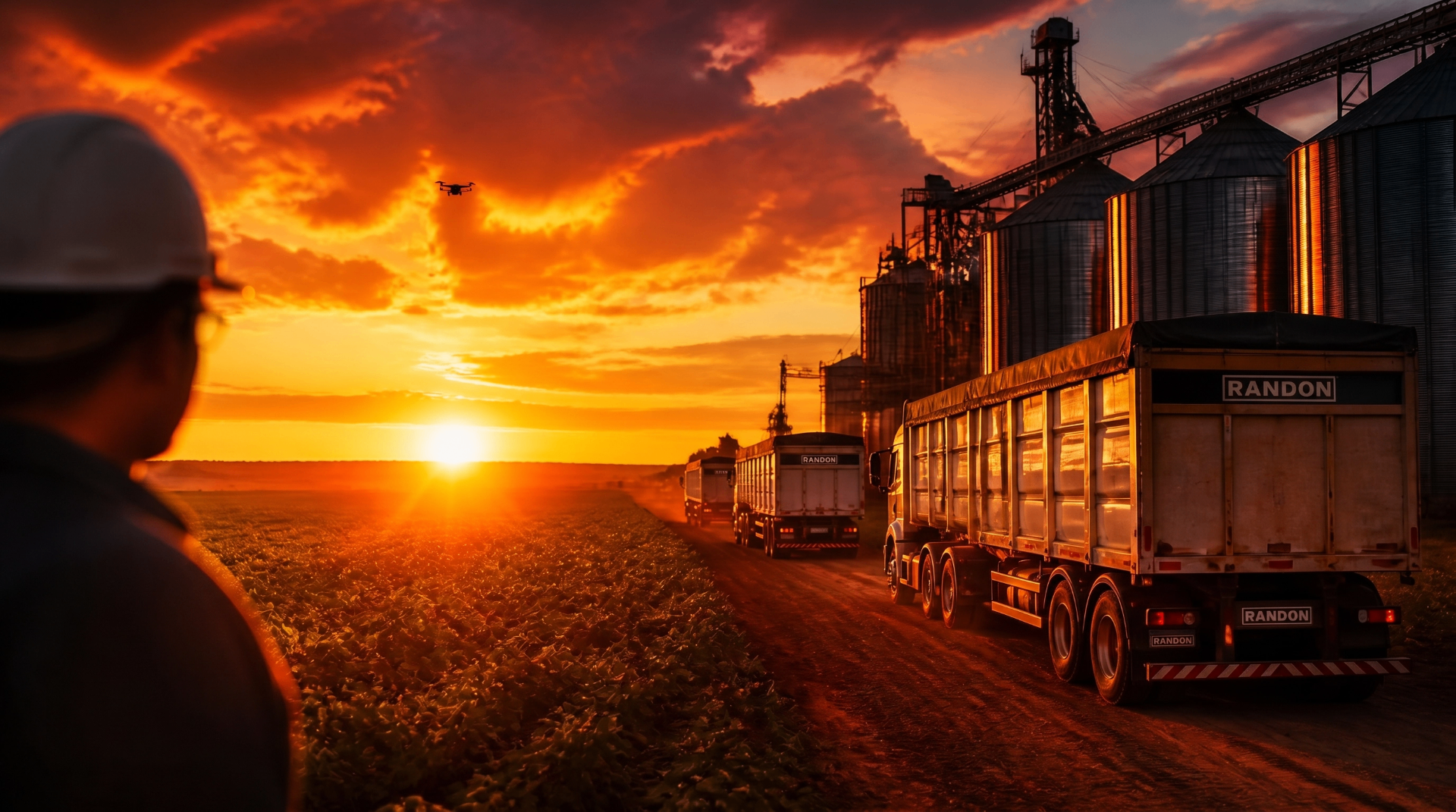 Operação agro ao entardecer: silos, caminhões graneleiros, drone e operador conectados por linhas digitais